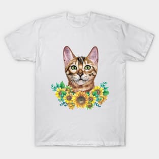 Cute Tabby Cat with Sunflowers Watercolor Art T-Shirt